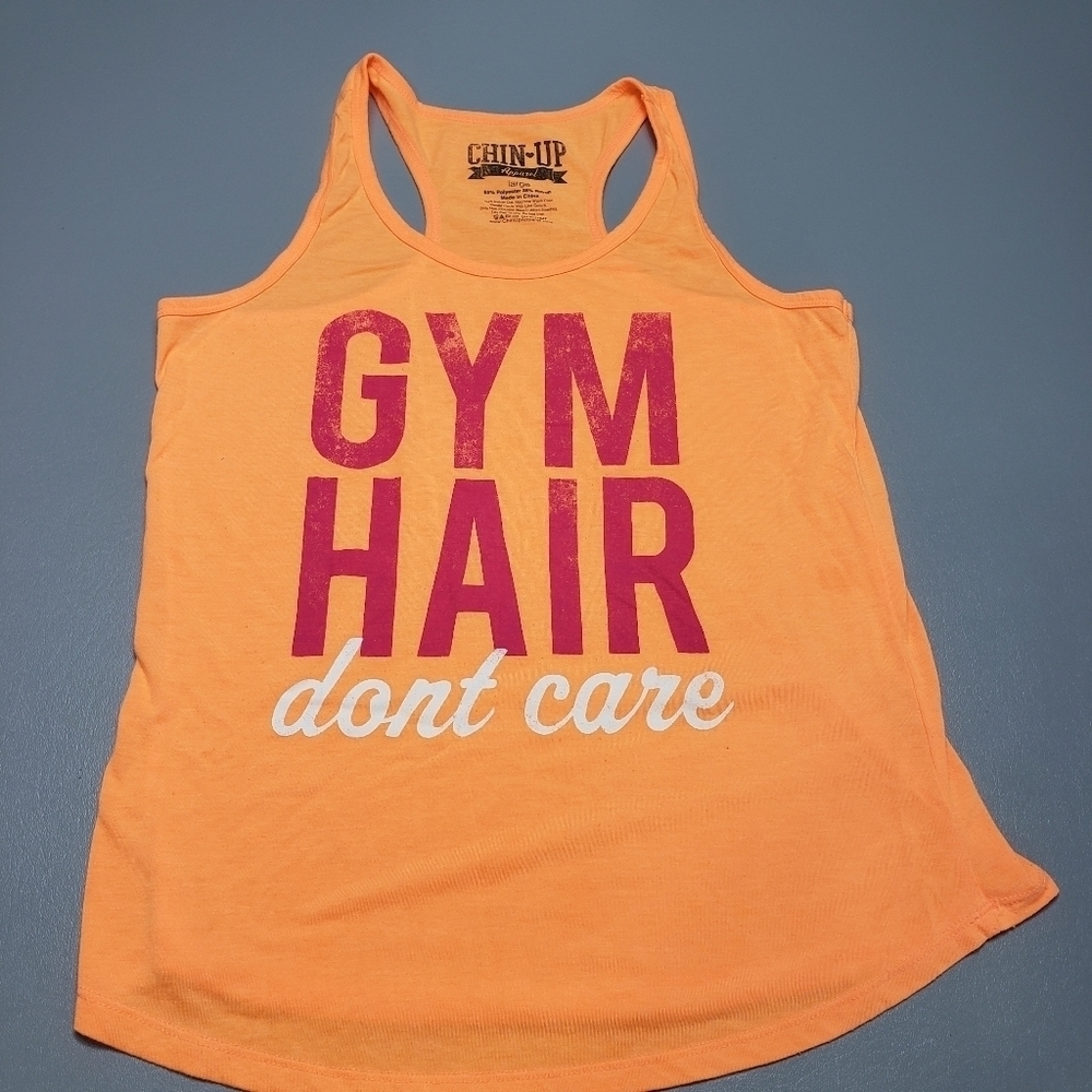 chin-up apparel orange gym hair dont care tank top women's size large